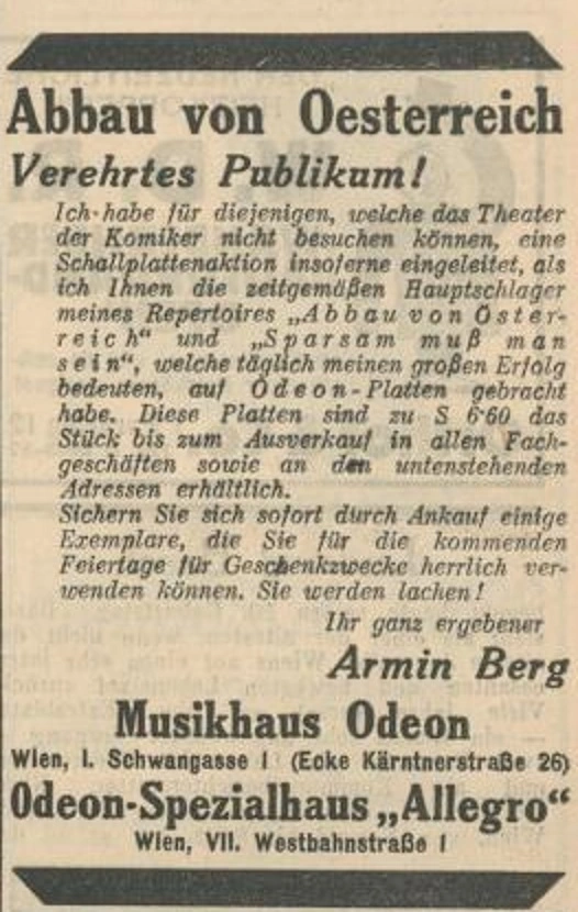 Zeitungsannonce von Armin Berg