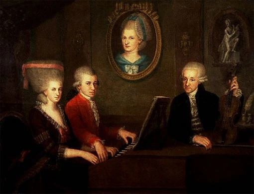 Gemälde von Maria Anna, Wolfgang Amadeus und Leopold Mozart beim Musizieren.