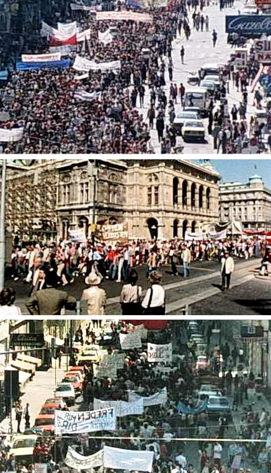 3 Fotos von Demonstranten die durch die Straßen von Wien ziehen. Eines zeigt den Zug vor der Staatsoper.