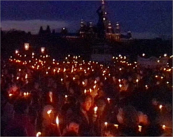 Foto vom "Lichtermeer" am Heldenplatz. Zu sehen sind viele Menschen mit Fakeln und im Hintergrund das Rathaus.