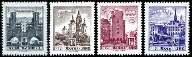 Vier Briefmarken der Serie "Bauten", 1957/63. Vier bunte Breifmarken: 50 Groschen - Wien Heiligenstadt, 1 Schilling Mariazell, 1,50 Schilling Wien Erdberg und 2,50 Linz.