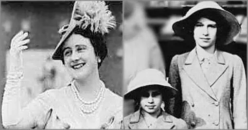 links: Abbildung der Queen Consort (Elizabeth Bowes-Lyon) im Kanadischen Pavillon bei der Weltausstellung 1939 in New York. rechts: Prinzessin Elizabeth und Prinzessin Margaret  