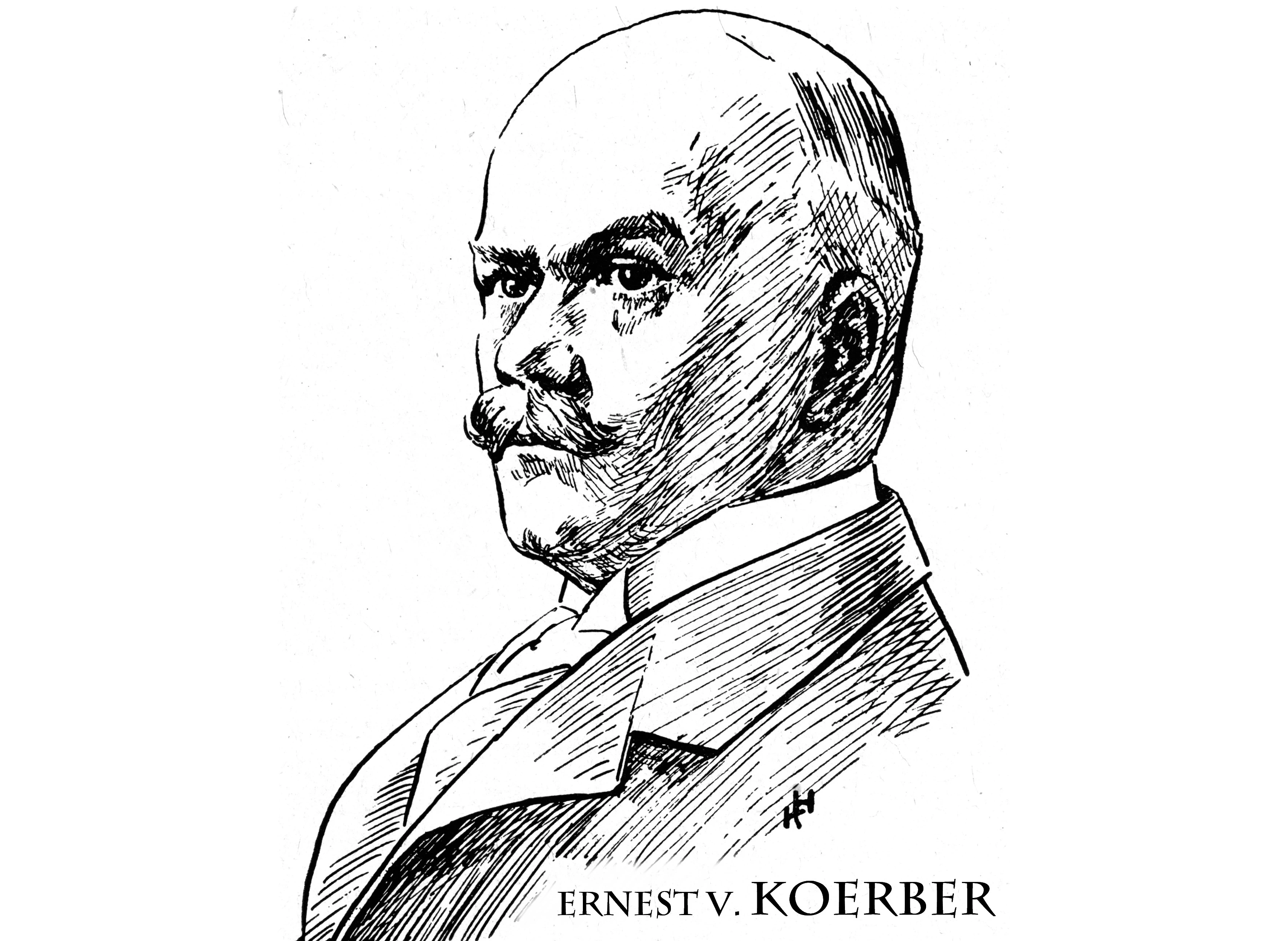 Portrait Ernest von Koerber. Federzeichnung. Mann mit Schnurbart.