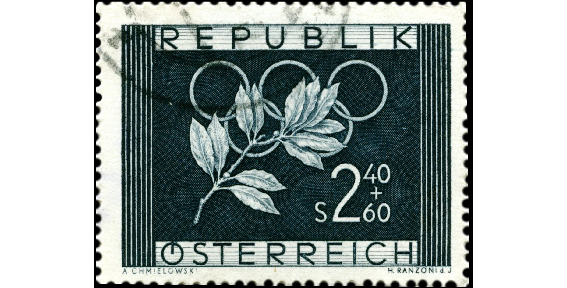 Briefmarke "Olympische Spiele 1952", 26. 1. 1952. Marke mit Olivenzweig und Olympischen Ringen.