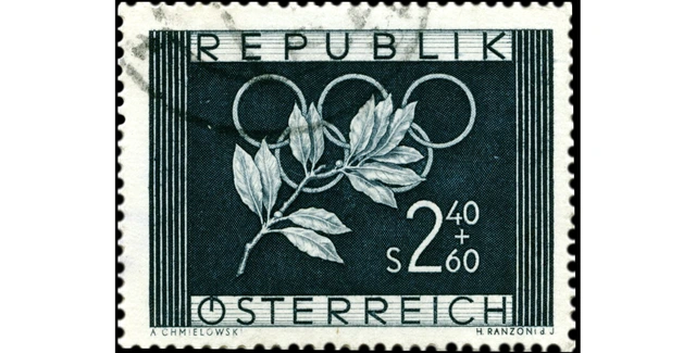 Briefmarke "Olympische Spiele 1952", 26. 1. 1952. Marke mit Olivenzweig und Olympischen Ringen.