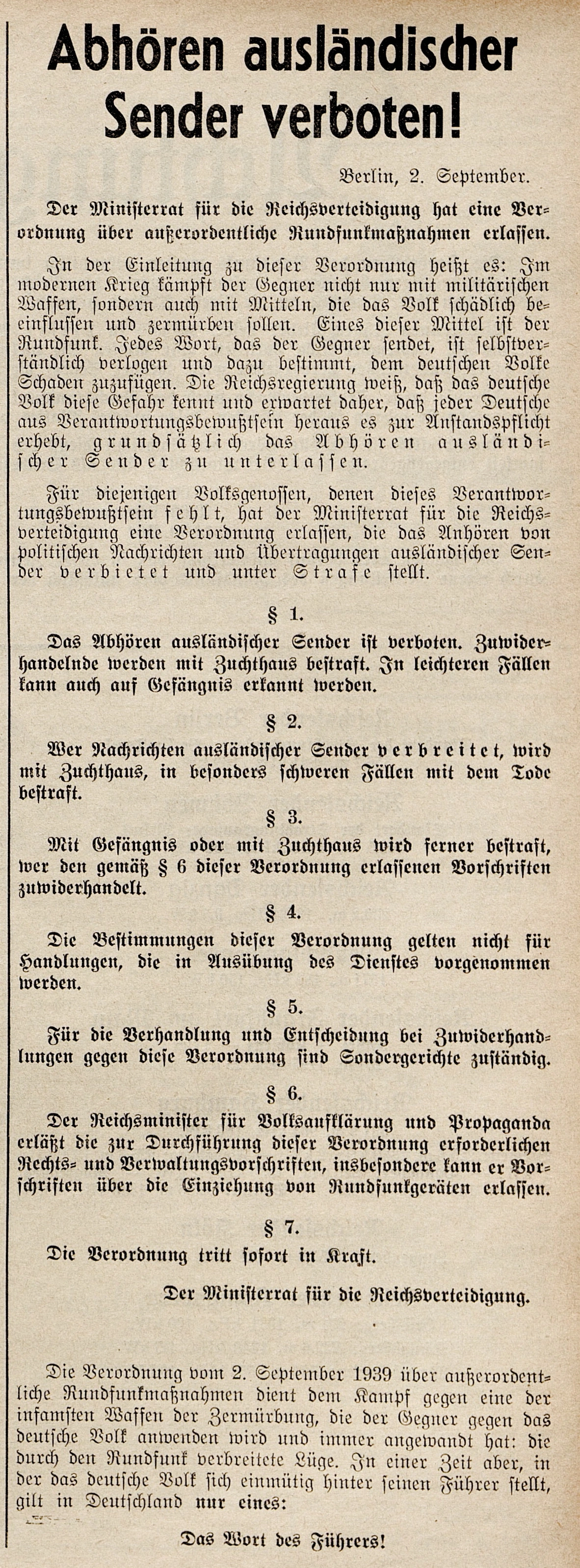 Das Abhören ausländischer Sender ist verboten, Zeitschrift Radio Wien, 9. September 1939