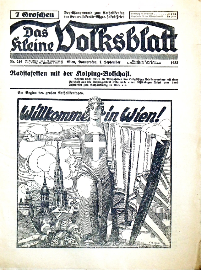 Allgemeiner deutscher Katholikentag, September 1933. Das Kleine Volksblatt, 7. 9. 1933. Titelblatt der Zeitung mit gezeichneter Frauenfigur vor der Stadt Wien und Schriftzug "Willkommen in Wien"