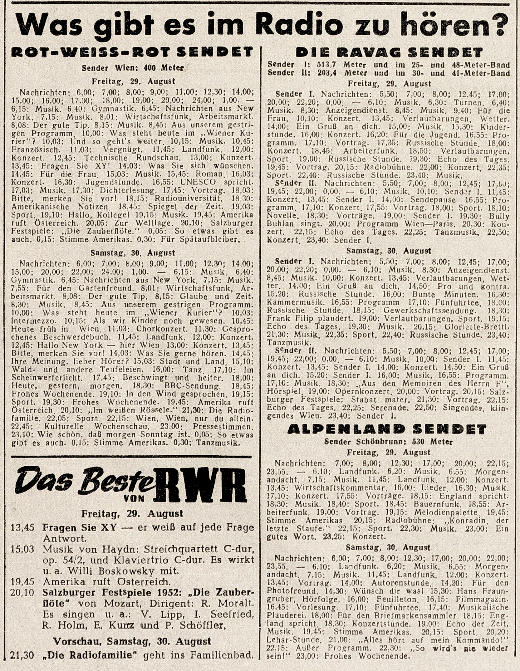 Kurier, Radioprogramm, 29. August 1952