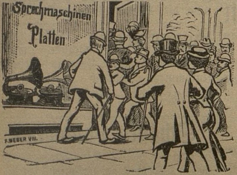 Menschen vor einem Geschäft für Sprech­maschinen und Platten (1907)