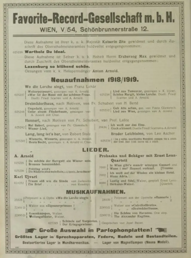 Inserat für Neuaufnahmen der Favorite-Record, darunter die Titel „Wienerin, Wienerin“ und „Heute Nacht“ (1918)