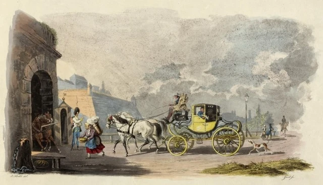 A Viennese Fiaker (horse-drawn carriage) going through one of the city gates (1825)