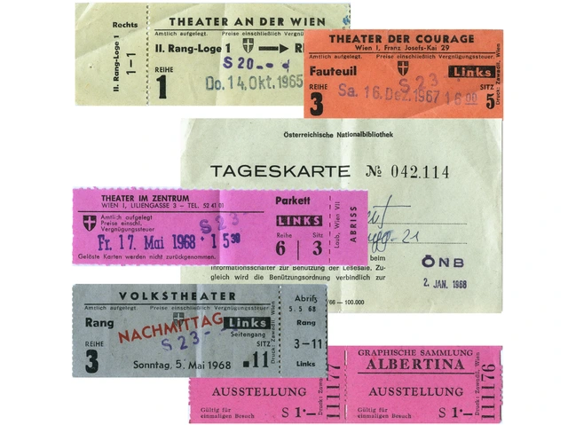 Theaterkarten in grau, oange und pink vom Volkstheater, Theater der Courage, Theater an der Wien, Theater im Zentrum und Tageskarte der Nationalbibliothek.