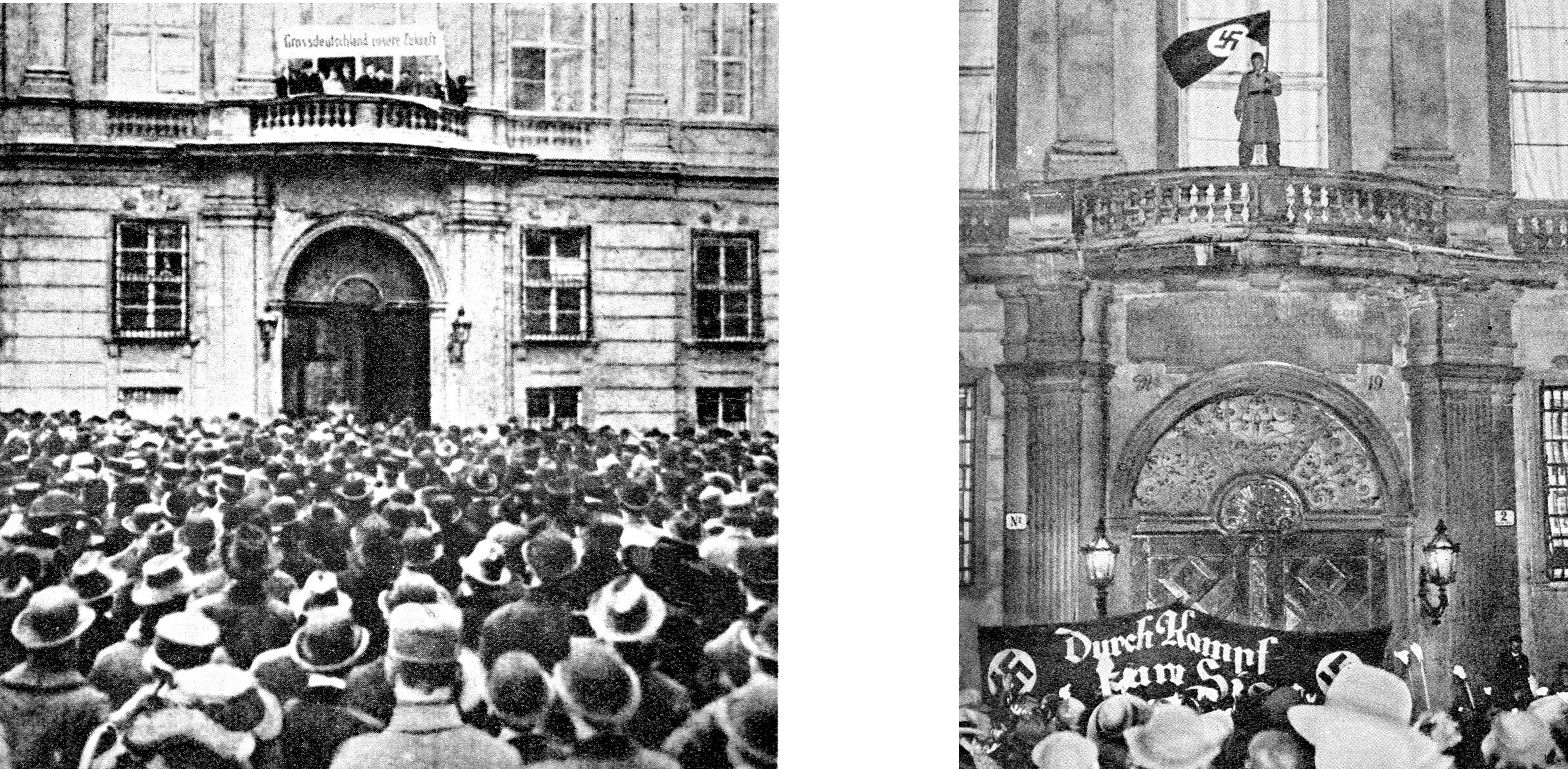 Ballhausplatz - Von Nationalsozialisten besetzt. 2 Fotos vom Ballhausplatz mit unlesbarem Transparent bzw. Hackenkreuzflagge am Balkon.