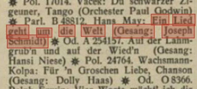 Radioprogrammzeitschrift von "Radio Wien" aus 1934, Heft 45, Seite 20, zeigt dass "Ein Lied geht um die Welt" im Radio gespielt wurde.