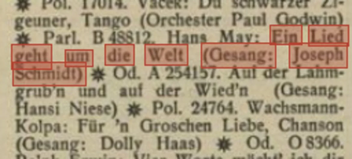 Radioprogrammzeitschrift von "Radio Wien" aus 1934, Heft 45, Seite 20, zeigt dass "Ein Lied geht um die Welt" im Radio gespielt wurde.