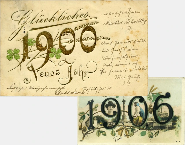 Neujahrskarten für das Jahr 1900 und 1906. "Glückliches Neues Jahr" mit Kleeblättern...