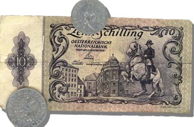 Banknote und 1- und 2-Schillingmünzen. Auf der Vorderseite der Banknote ist ein Reiter der Hofreitschule mit Lipizzaner.